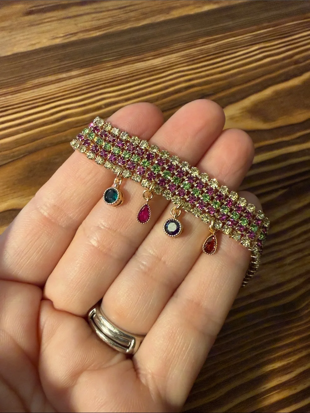 Gold-Tone Pink and Green Multi-Stone Bracelet with Dangle Charms